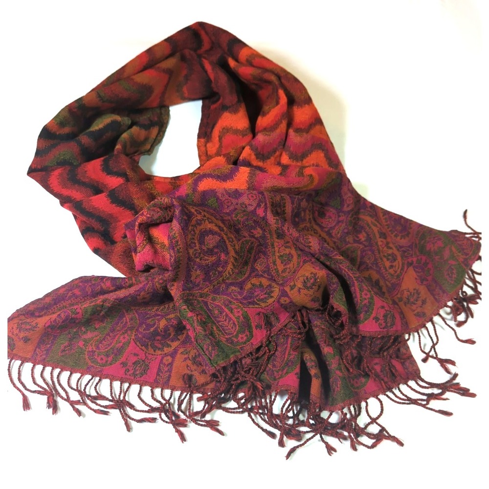 CODELLO 100% Wool Scarf Wrap  Abstract Paisley 68x26 Stunner Colors Chic Boho